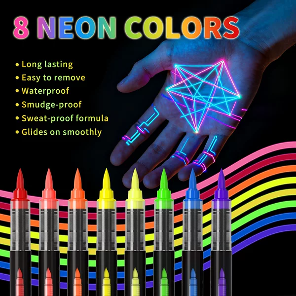 Human Body Highlighter Straight Liquid Uv Tattoo Pen Party Festival Skin Painting Pen Set Washable