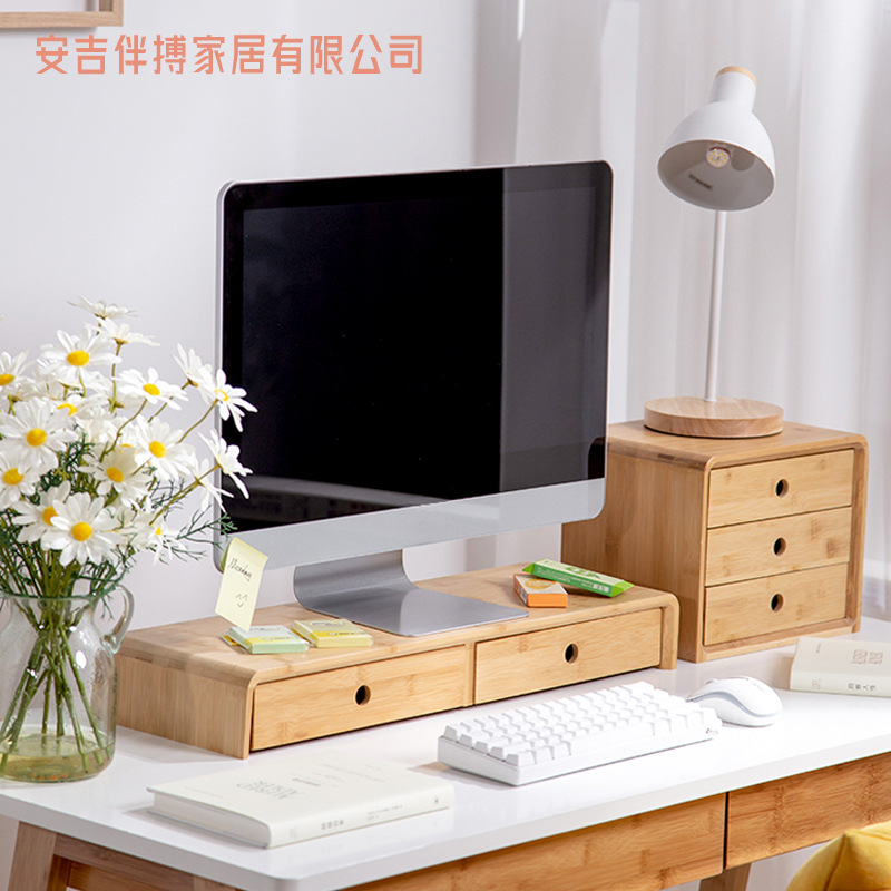 Computer Monitor Elevated Shelf Bamboo Desktop Storage with Drawer Office Computer Monitor Elevated Shelf