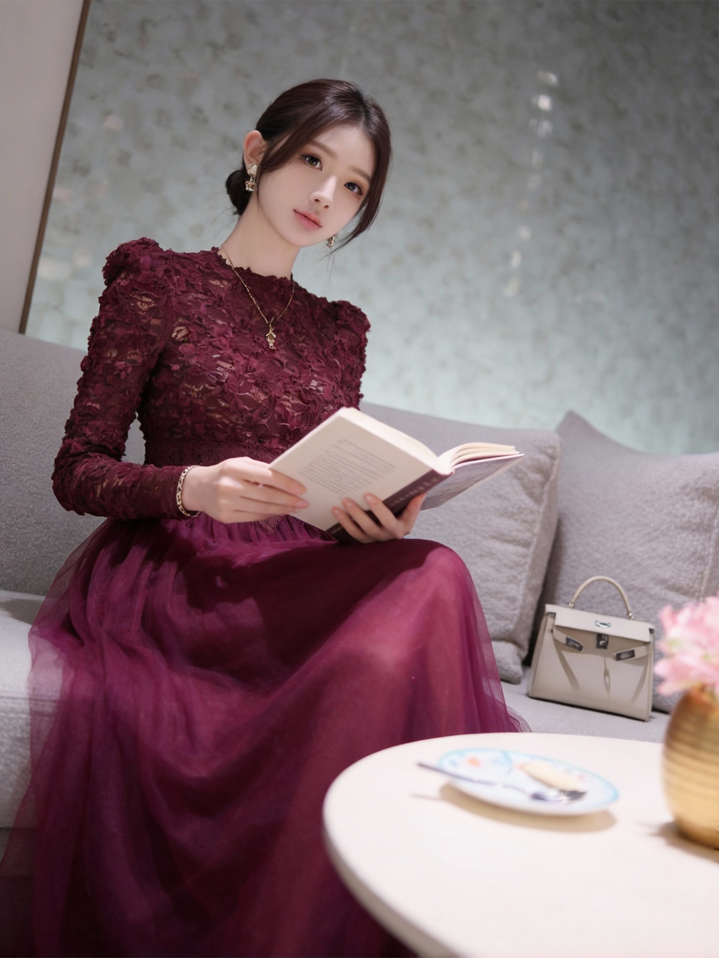 Đầm maxi nữ cổ tròn ren phối lưới thắt eo dáng dài — Thuốc lá tím