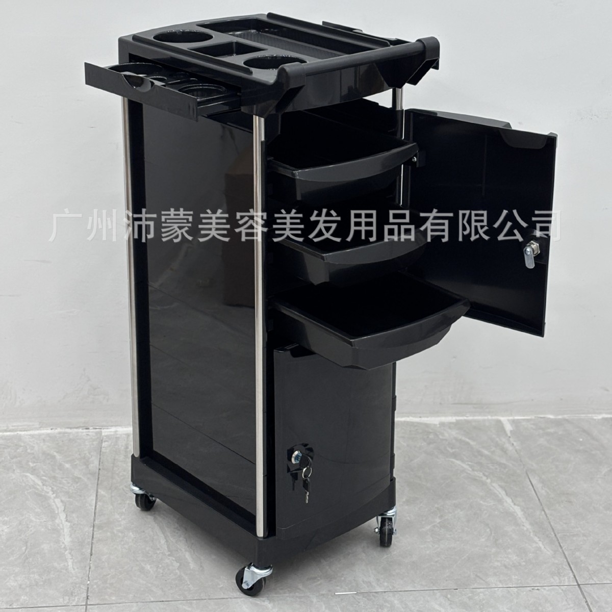 美式如图ABS注塑杠车多层抽屉带锁匙前后门发廊烫染移动轮工具车