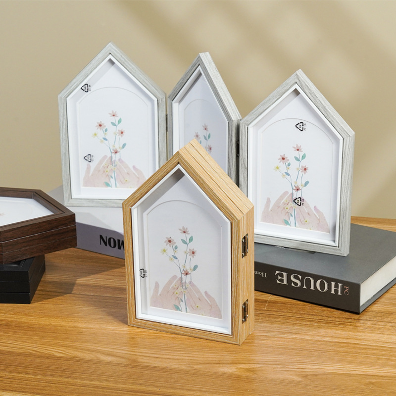 Creative House Modeling Wooden Photo Frame 6-inch Folding Combo Table Three-fold Children's Photo Frame Like Frame