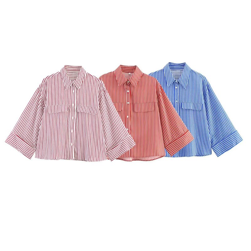 Za European and American Retro Casual Lapel Loose Striped Shirt with Elbow-Length Sleeves Linen Blend Striped Shirt 817550