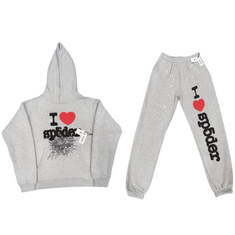Foreign trade new Sp5der sweater spider web I Love red heart foam gray fleece-lined sweater hoodie in stock