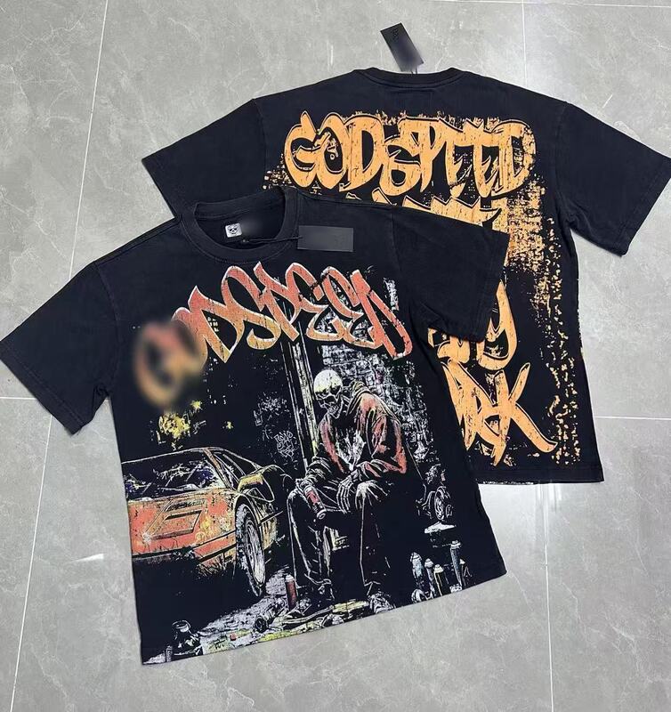 25ssアメリカのトレンドブランドGOD、ハイストリート、ウォッシュ加工、ヴィンテージ風プリント、ジョイントデザイン、レトロな夏用ルーズフィット半袖Tシャツ、男女兼用|undefined
