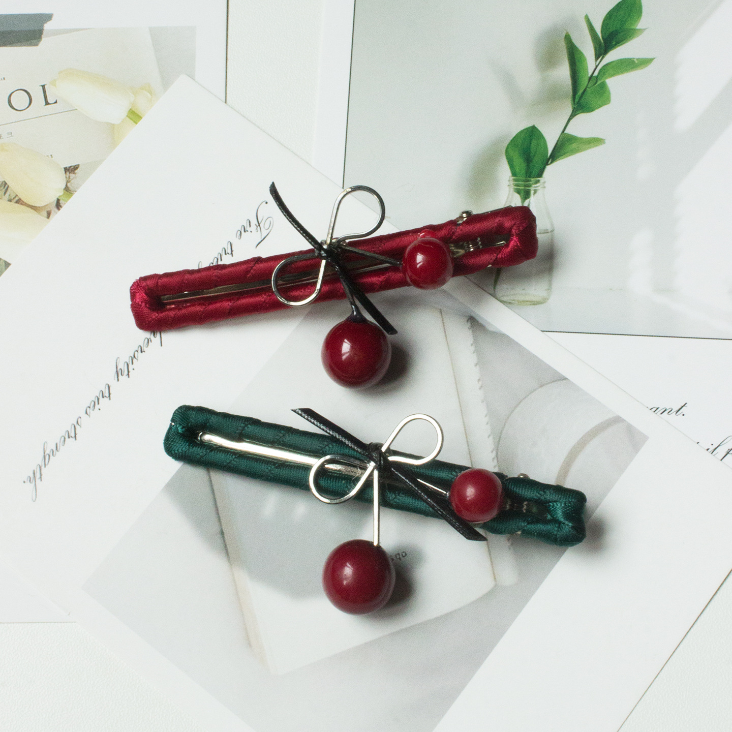 韩版韩式可爱樱桃发夹手工蝴蝶结樱桃红色绿色鸭嘴夹发饰头饰批发