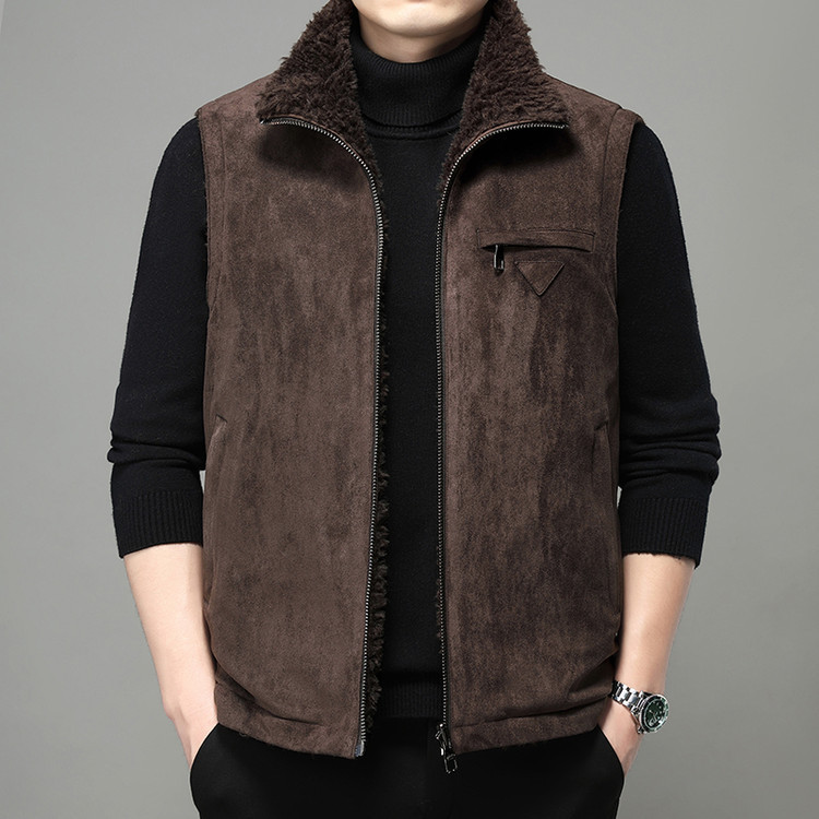2025 Suede Vest for Men, Reversible Lamb Wool Vest, New Autumn and Winter Warm Stand-Up Collar Vest Jacket for Men