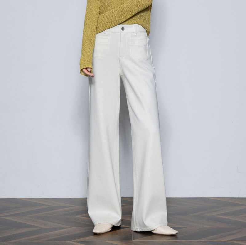Tencel Four-Way Stretch White Denim Wide-Leg Pants with Pocket Decoration, 2026 Spring Model, Straight High-Waisted, Slimming, Simple Design Tencel Four-Way Stretch White Denim Wide-Leg Pants with Pocket Decoration, 2026 Spring Model, Straight High-Waisted, Slimming, Simple Design