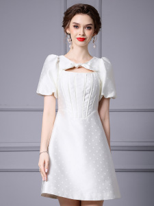 Fashionable and Exquisite Neckline Bow Bubble Sleeve A-line Dress Short Summer