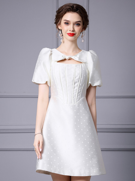 Fashionable and Exquisite Neckline Bow Bubble Sleeve A-line Dress Short Summer