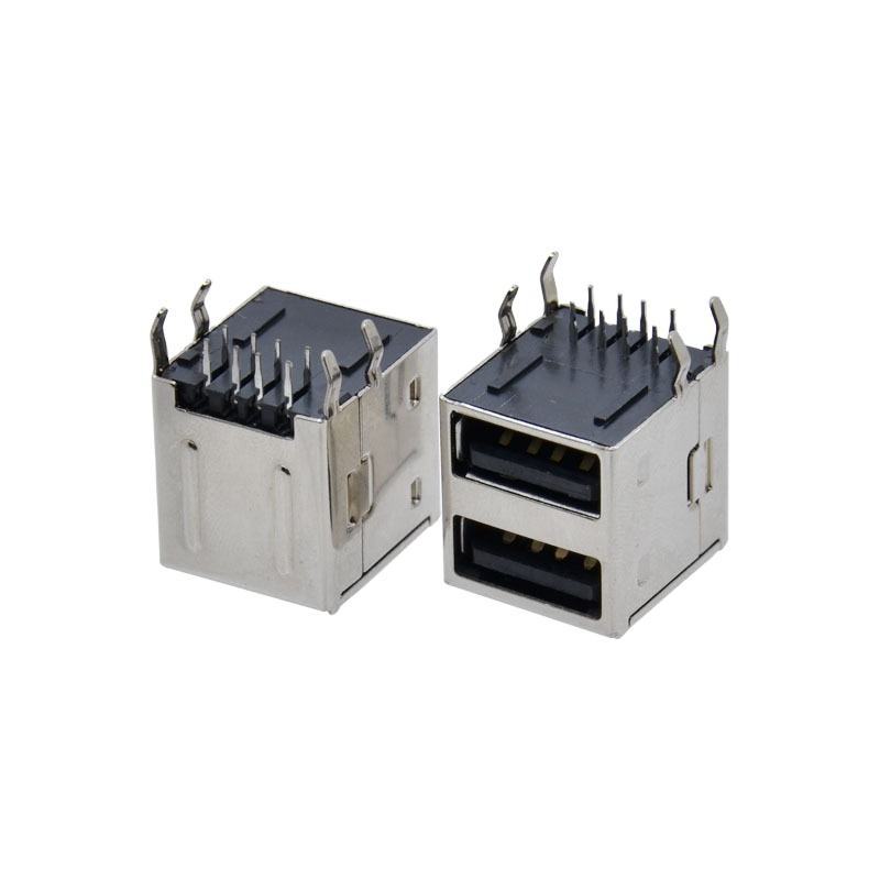 USB连接器 A型接口 AF双层90度弯脚插板全包 双口A母插座 平口 8P
