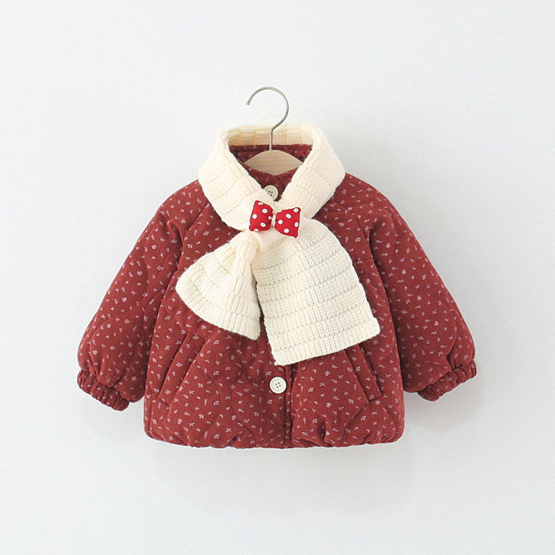 韩版女童碎花加绒棉衣外套带围巾女宝宝冬装保暖上衣童装批发直播