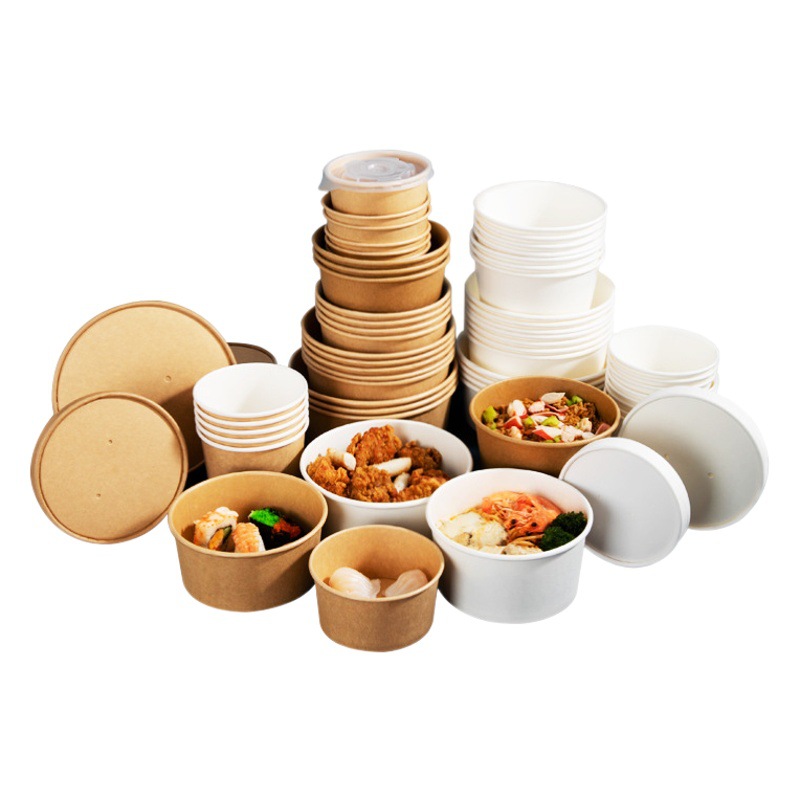 Venta al por mayor de recipientes de papel kraft personalizables, loncheras, cajas de papel redondas, tazones para sopa, cubos para sopa, cajas de embalaje para llevar, tazones de papel desechables