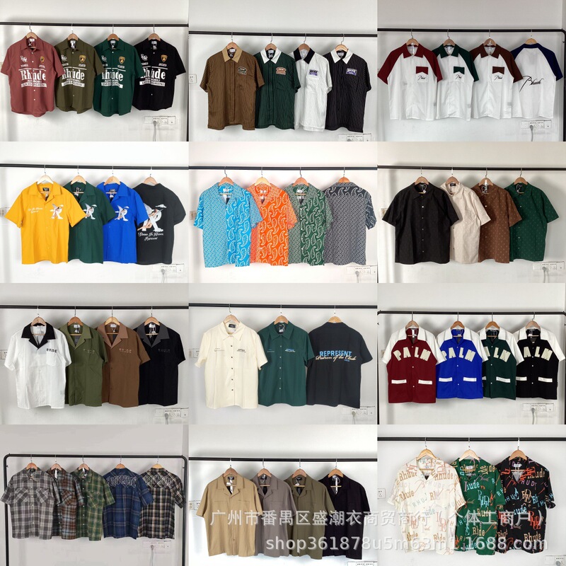 2024 European and American summer new rhude joint lapel short sleeve shirt letter printed men's and women's casual top fashion