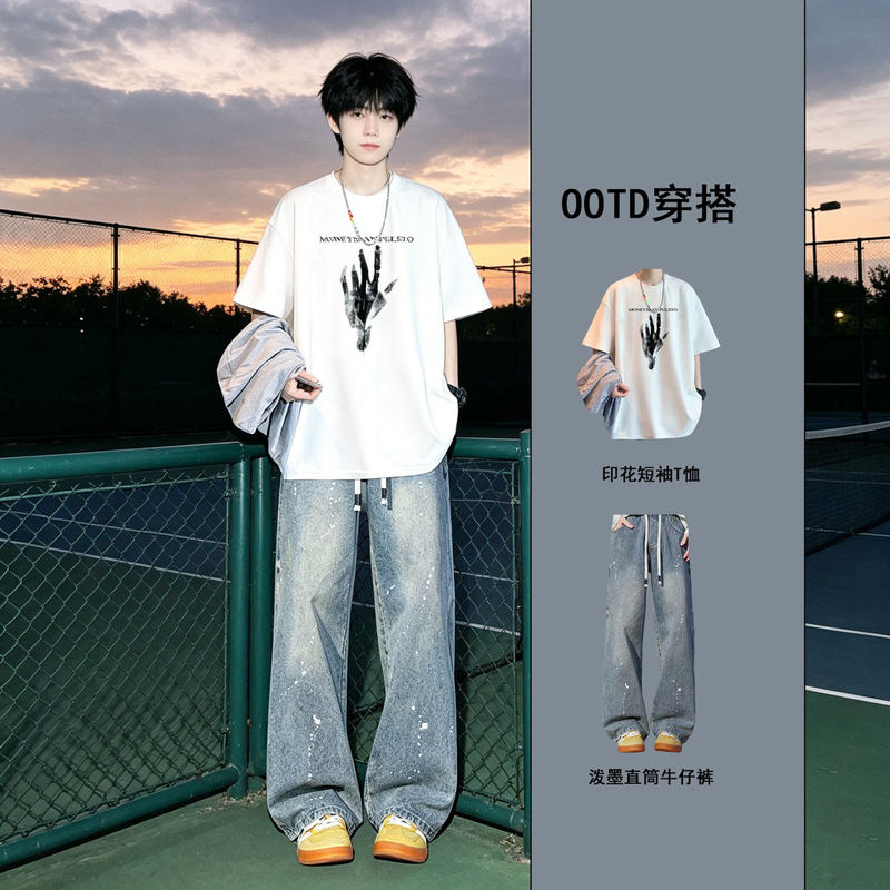 2026 New Casual Suit for Men, Summer High Street Style, Cool and Trendy Short-Sleeved Outfit for Teenagers, Paired with Jeans