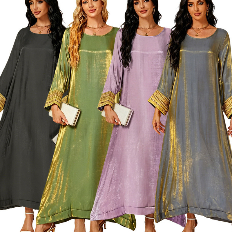 Shiny Cotton Gold Glitter Long Dress European and American Style Patchwork Large Hem Solid Color Women's Dress Luxurious New Model Shiny Cotton Gold Glitter Long Dress European and American Style Patchwork Large Hem Solid Color Women's Dress Luxurious New Model