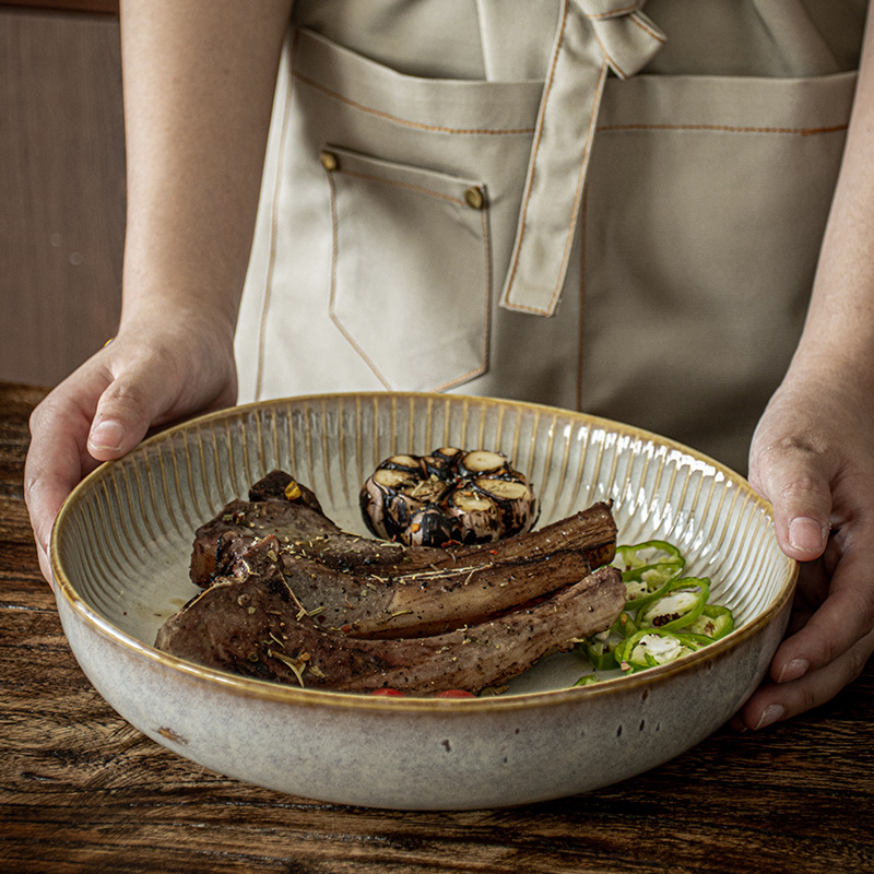 Estilo nórdico estilo japonés patrón vertical relieve plato profundo vajilla de cerámica para el hogar gruesa plato grande plato de ensalada de frutas al por mayor