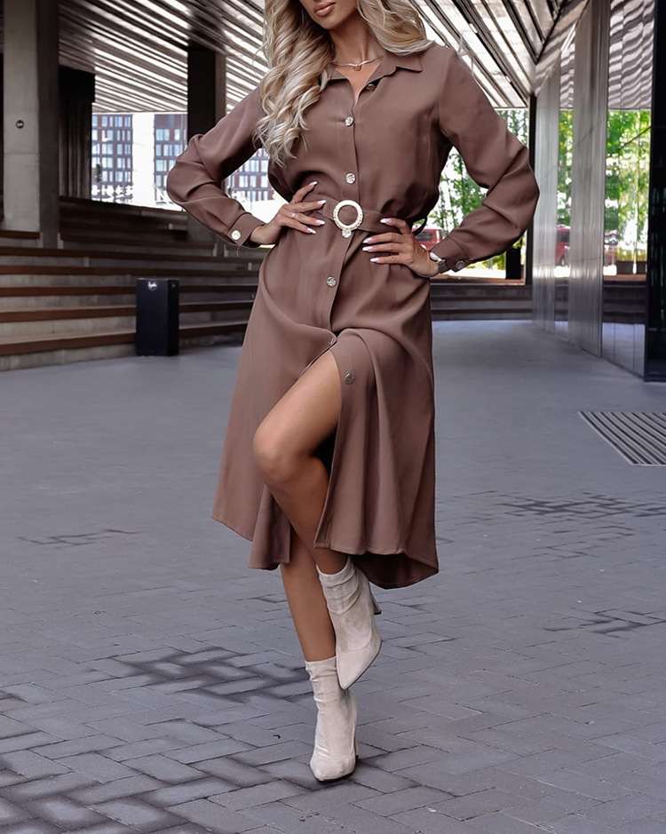 solid color lapel long sleeve single-breasted large skirt shirt dress NSYHC136169