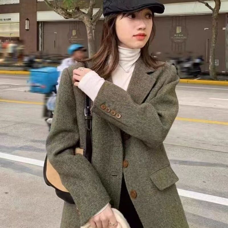 Suit Woolen Outwear Women's Loose 2025 Autumn and Winter New Korean Style Small Retro Herringbone Woolen Outwear