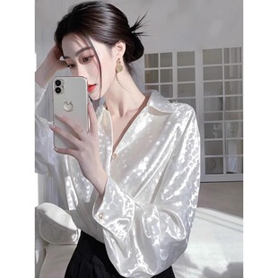White long-sleeved satin jacquard women's autumn new Korean style loose and versatile French sunscreen women's shirt A3266