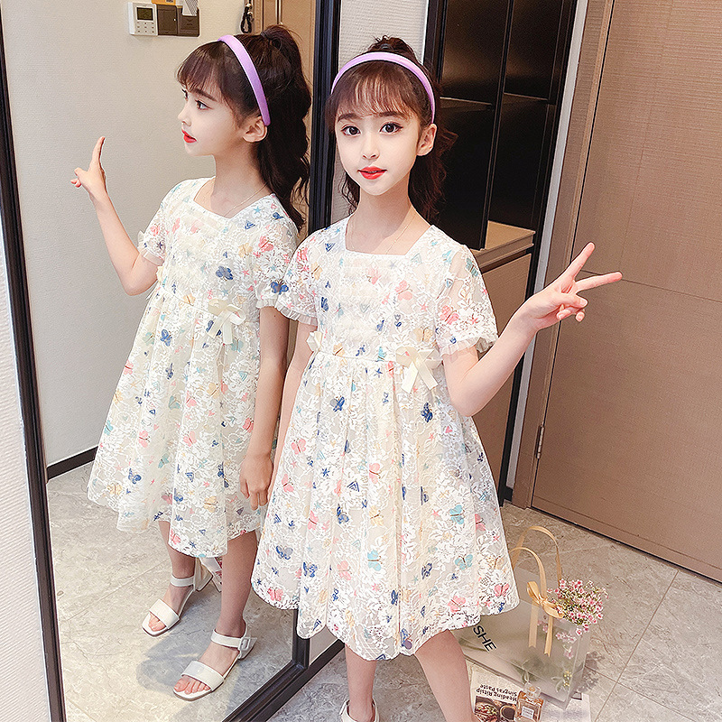 童裙2021夏装小女孩连衣裙女童蝴蝶蕾丝裙甜美中大童可爱公主裙|ms