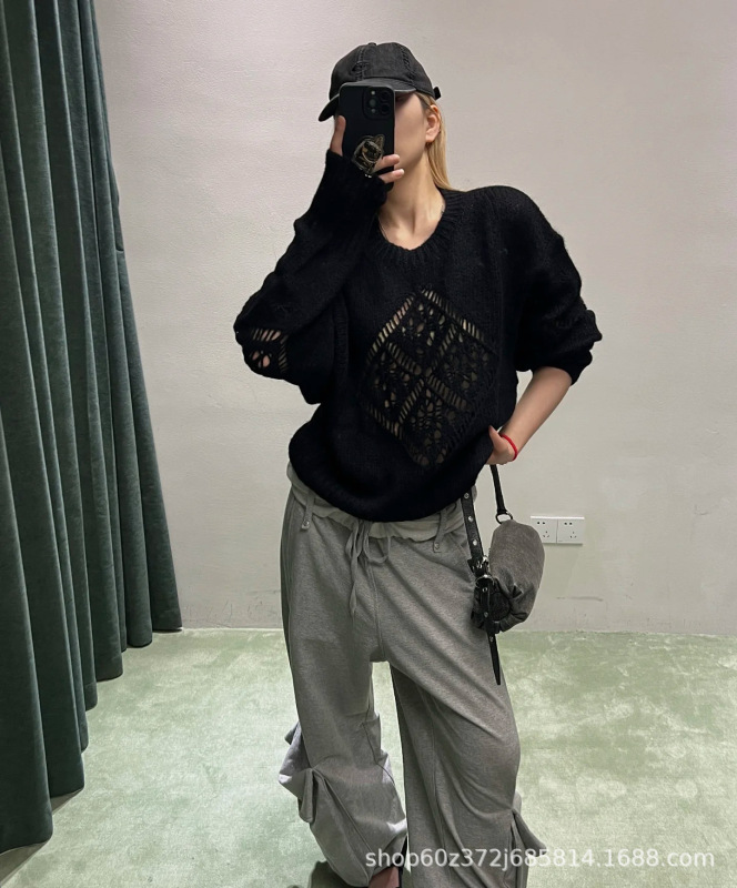 现货25早秋新款OP韩国小众设计羊驼毛镂空宽松针织长袖套头毛衣女|undefined