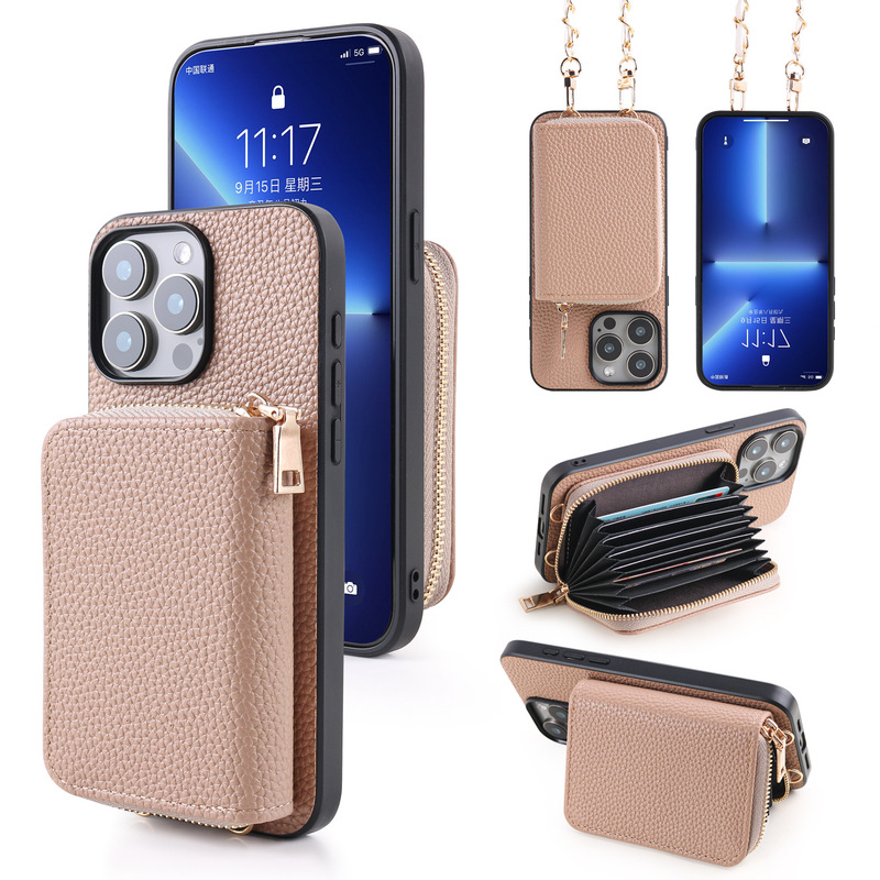 Suitable for Iphone17 Mobile Phone Case Apple 16Promax Zipper Wallet Apple 15 Card Holder Hanging