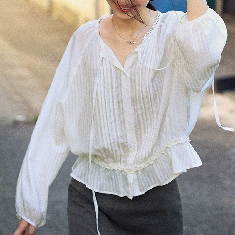 Hidden Romance All-Day Tencel French Lace Pleated Shirt Women's Early Autumn Casual Versatile Top