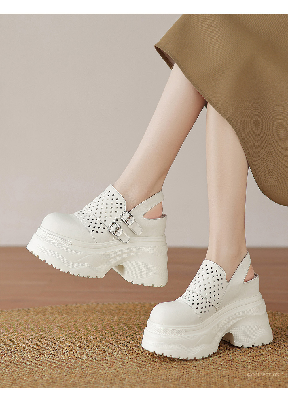 Sandal cao gót nữ đế xuồng 12cm bít mũi hở gót phong cách La Mã — Màu đen, Màu trắng chi tiết 1