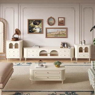 French Style Solid Wood TV Cabinet Coffee Table Combination Modern Simple White Cream Style Small Apartment Baking Lacquer Side Cabinet TV Cabinet