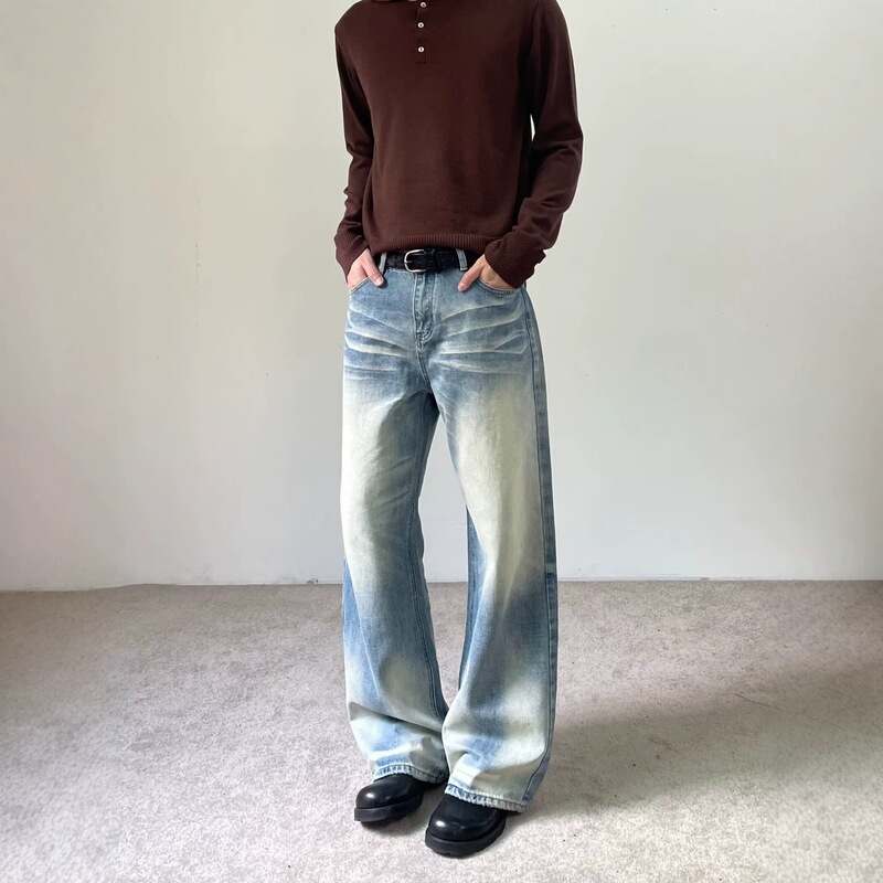 Direct Sale from the Manufacturer: American Retro Washed Vintage Jeans, Straight-Leg, Slimming, Height-Enhancing, Versatile, Commuter Wide-Leg Jeans