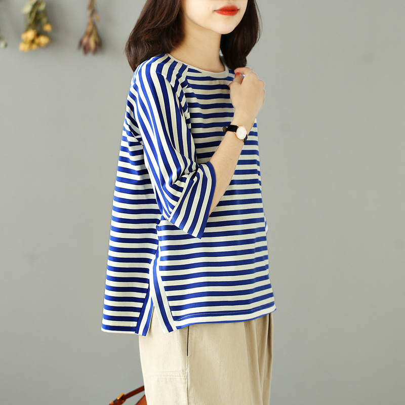 Striped Sea Soul Shirt for Women Spring & Fall New Style Literary Casual Versatile Three-Quarter Sleeve Loose Slimming Look T-Shirt for Women Simple Outerwear