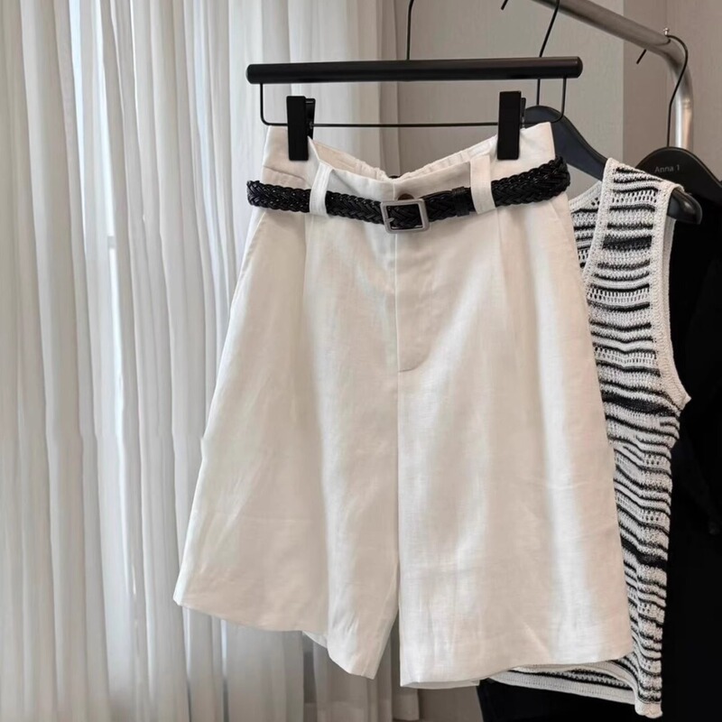 White Linen Shorts for Women, Summer New Style, Plus Size, Petite, Slimming, Loose, Casual, Versatile, Wide-Leg, Knee-Length Shorts