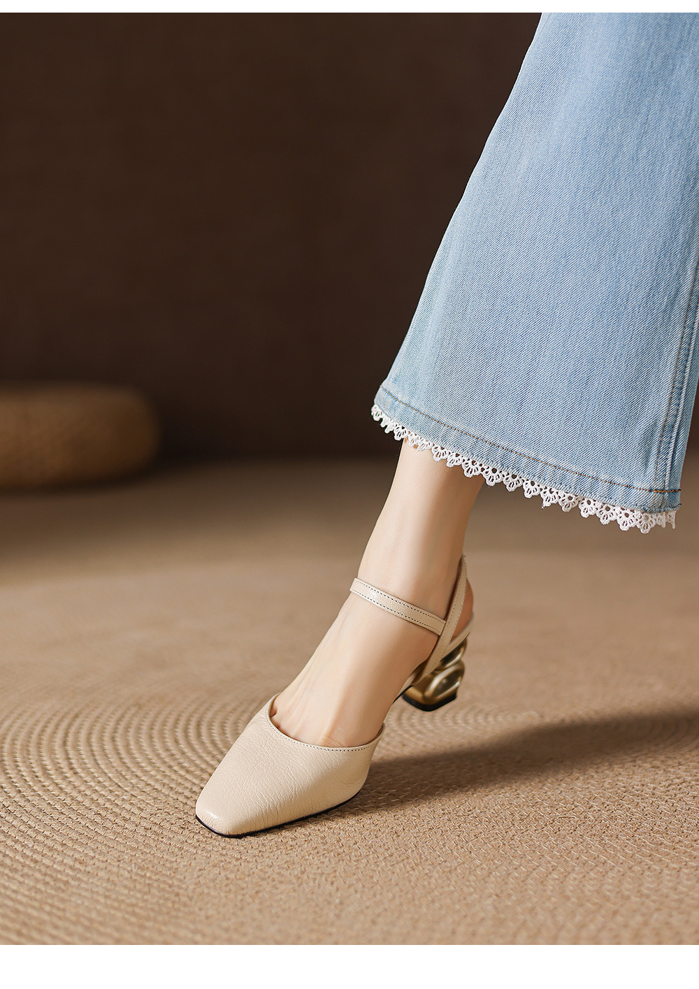 Sandal cao gót nữ mũi nhọn quai ngang kiểu Hàn Quốc — màu trắng ngà chi tiết 15