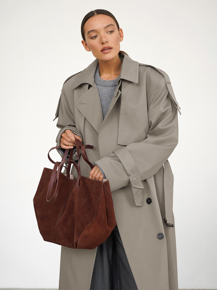 Áo khoác trench coat nữ dáng dài phong cách Âu Mỹ, chất liệu cotton, form rộng có dây thắt eo — Màu kaki, màu xám chi tiết 42