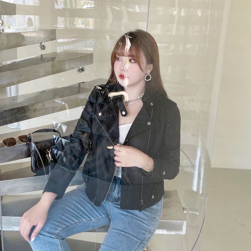 Happyhut European and American Style Black Motorcycle Leather Jacket Wholesale N5428 Women's Slim-Fit Jacket Top Plus Size
