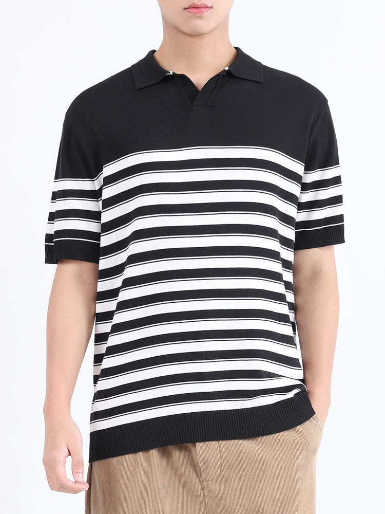 Polo de seda de hielo de alta gama Camiseta casual de negocios de manga corta con cuello en V de alta gama para hombres Camiseta a rayas image 2