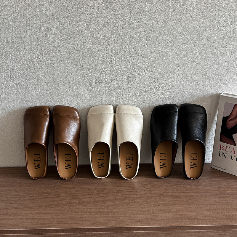 Retro Versatile Closed-Toe Half-Slippers for Women, Slip-On Comfortable Soft-Soled Casual Square-Toe Mules