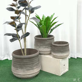 新中式水泥落地大花瓶家居样板间酒店售楼处软装创意圆缸花盆批发