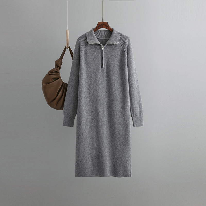 Women's Sweater Dress Casual Simple Style Turndown Zipper Long Sleeve Solid Color Knee-length Daily display picture 9