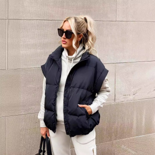 2024 Cross-border European and American New Women's Solid Color Zipper Pocket Cotton-padded Jacket Vest Fashion Collar Elegant Commuter Jacket