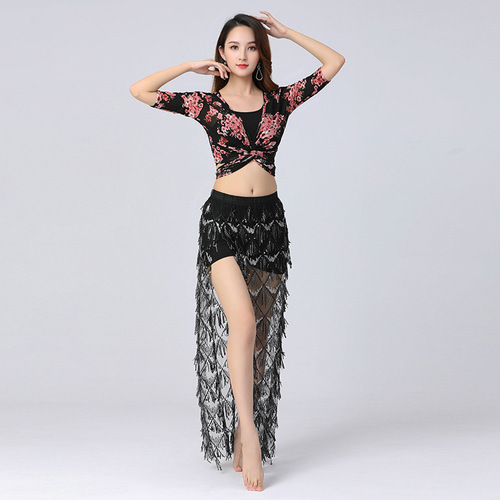 New plus size belly dance practice suit, mesh floral top, fringed sequin performance skirt