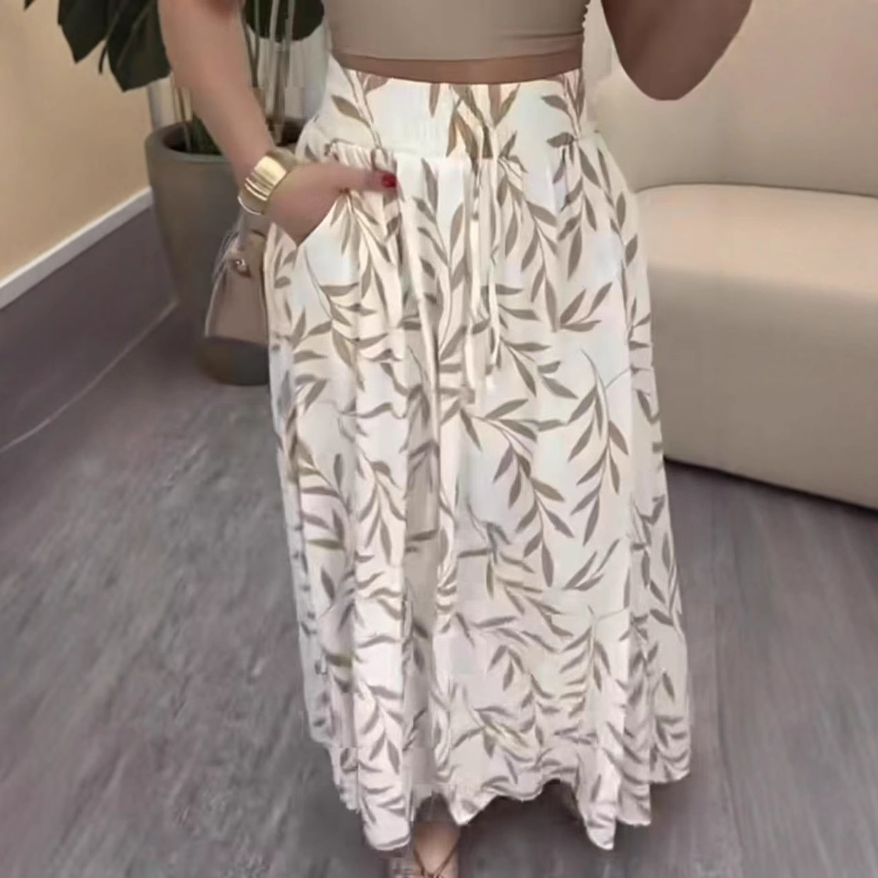 Women's Casual Wide Sleeve Printed Slit Pocket Midi Skirt Bestselling_ecoleips.com