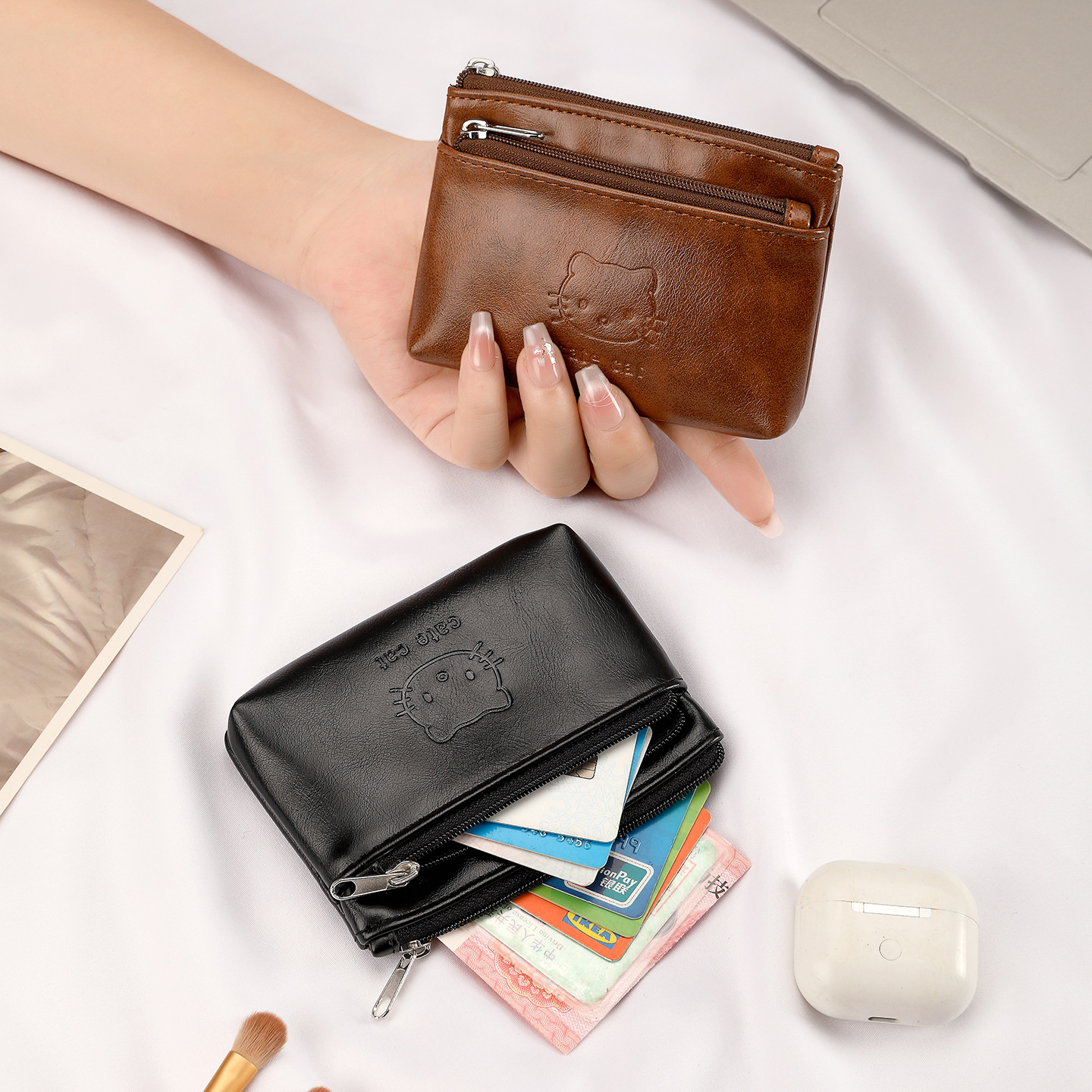 Nuevo bolso de cambio de cuero suave hecho a mano para mujeres lindas mini auriculares portátiles llaves certificados bolso de tarjeta