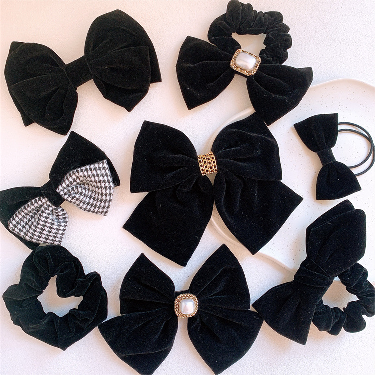 黑色系大號絲絨蝴蝶結髮夾彈簧夾甜美少女大腸發圈扎馬尾發繩頭飾