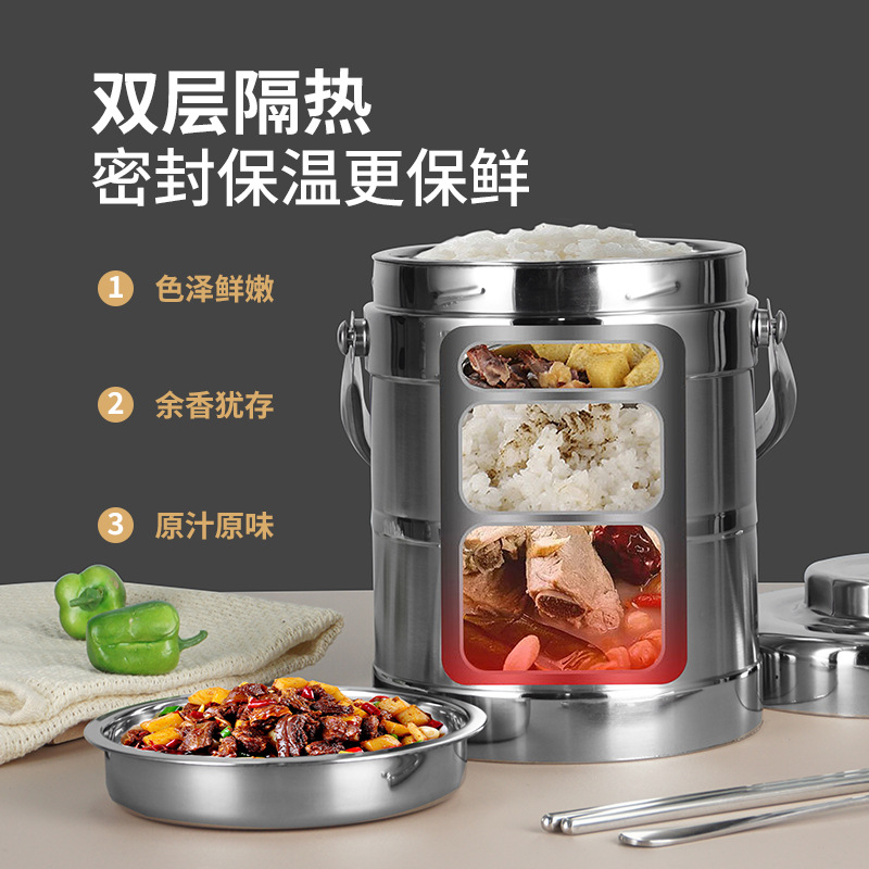 Cubo aislado de tambor recto de acero inoxidable portátil de múltiples capas de gran capacidad lonchera de doble capa con aislamiento al vacío