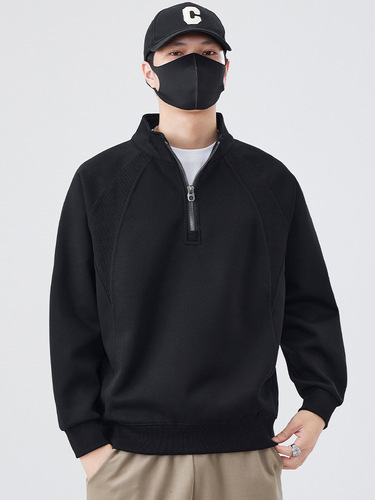 Half-zip solid color sweatshirt for men, spring and autumn 2025 winter style, loose trendy turtleneck men's thin base shirt