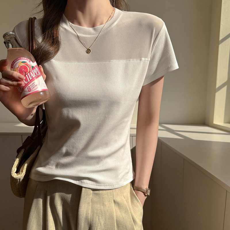 2026 New Style Mesh Patchwork Fashionable Stylish Regular Shoulder Short-Sleeve T-Shirt for Women Casual Versatile Top Slim Fit Base Shirt 2026 New Style Mesh Patchwork Fashionable Stylish Regular Shoulder Short-Sleeve T-Shirt for Women Casual Versatile Top Slim Fit Base Shirt