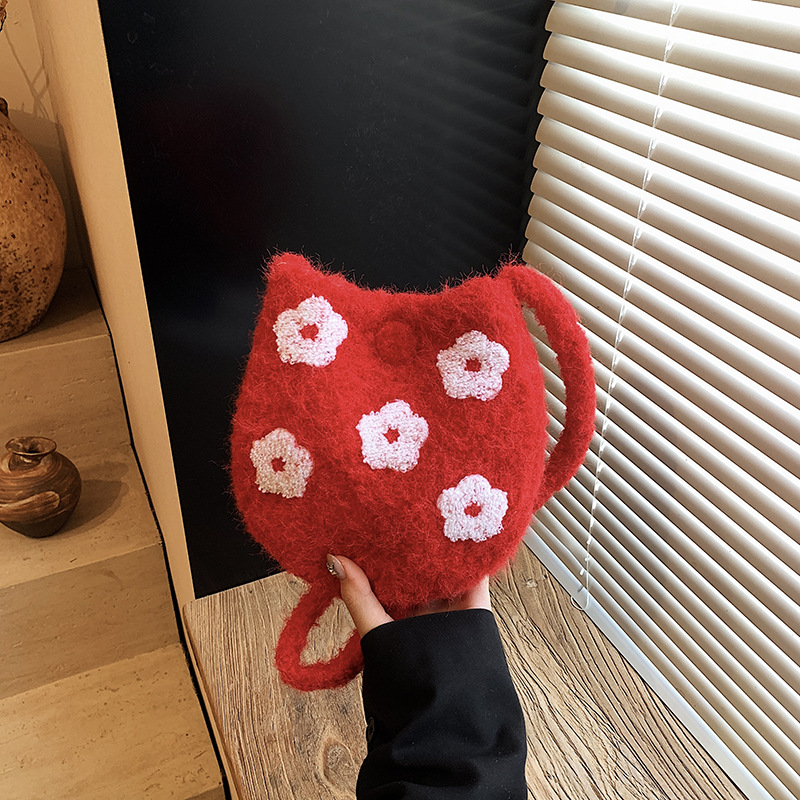 Plush Flower Embroidered Shoulder Bag Autumn and Winter Sweet Niche Plush Bag Literary Forest Style Coin Bag