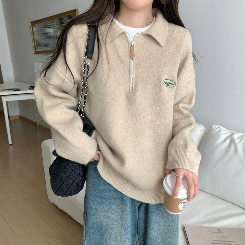 Korean-style soft and cozy POLO half-zip sweater for women, new autumn and winter collection, loose and casual embroidered pullover knit top