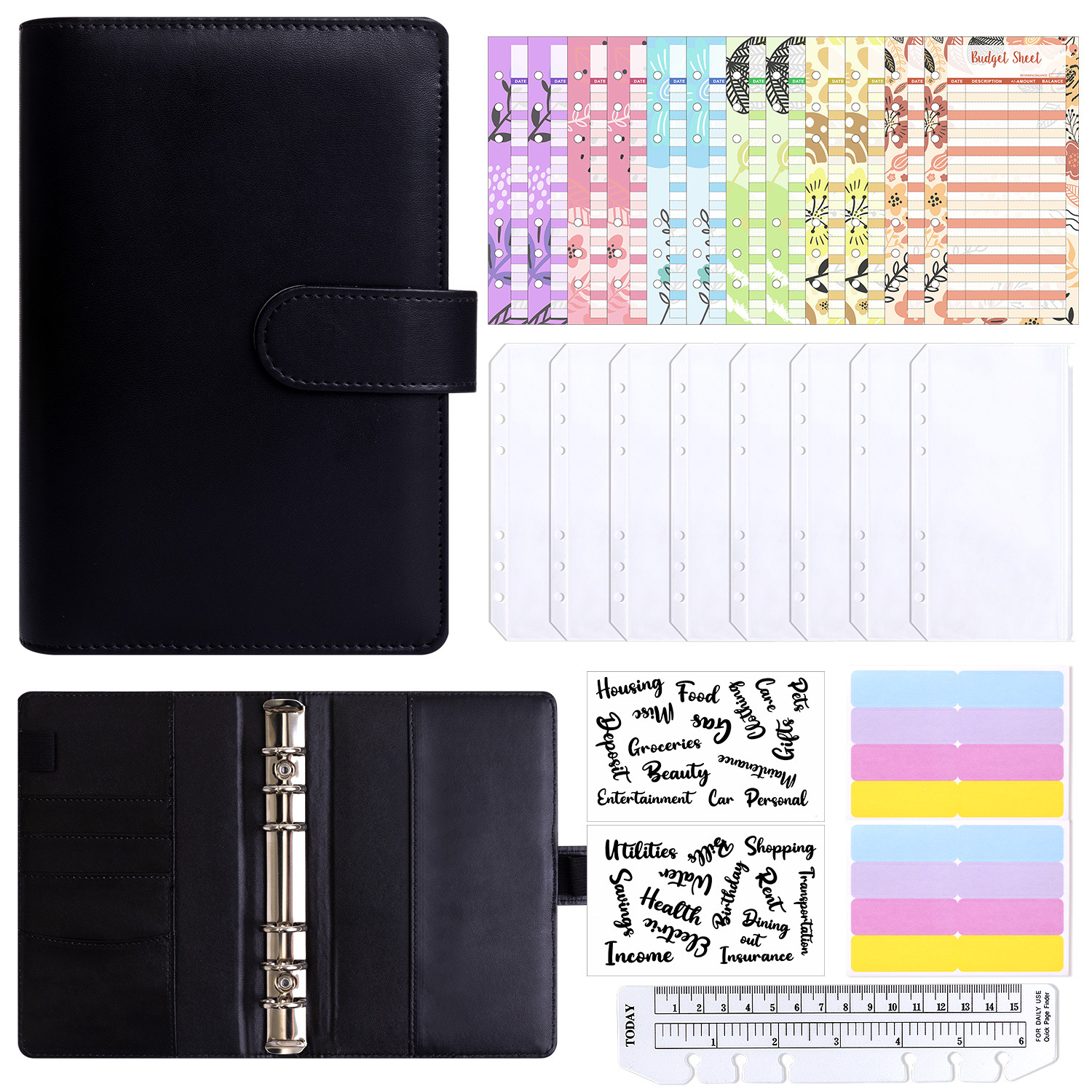 Presupuesto transfronterizo Cash Clip de hojas sueltas Bolsa con cremallera Sobres Libro de cuentas A6 Macarons PU Cuaderno de hojas sueltas de cuero